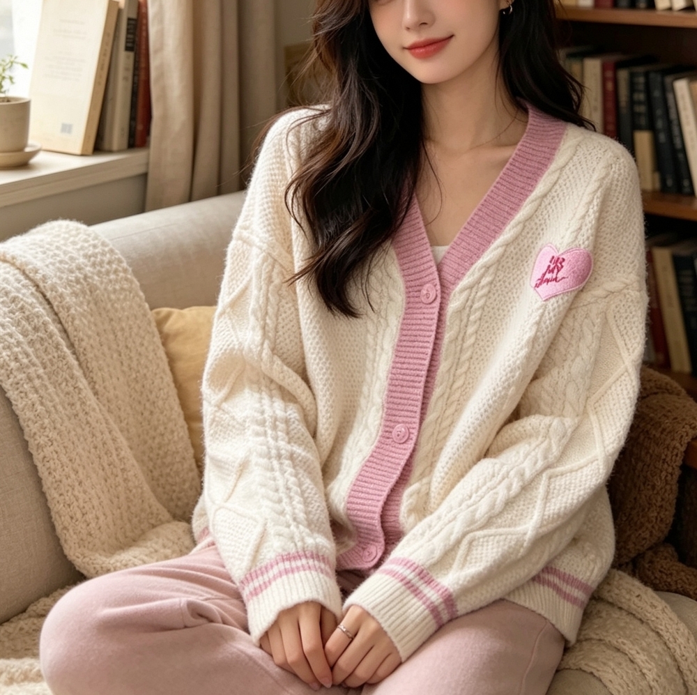 Taylor Swift love era  Cardigan Sweater Cream Pink Cable Knit Heart Patch L-XL